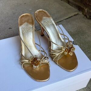 Arturo Chiang Gold Strappy Heeled Sandals with Crystal Flower